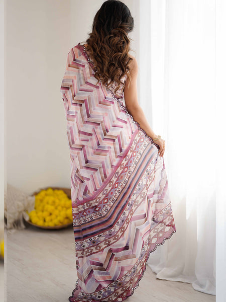 Pink Mauve Georgette Silk Abstract Printed Mirror Work Border Designer Saree