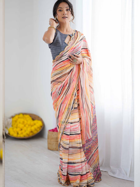 Peach Multi Color Georgette Abstract Printed Mirror Work Border Designer Saree