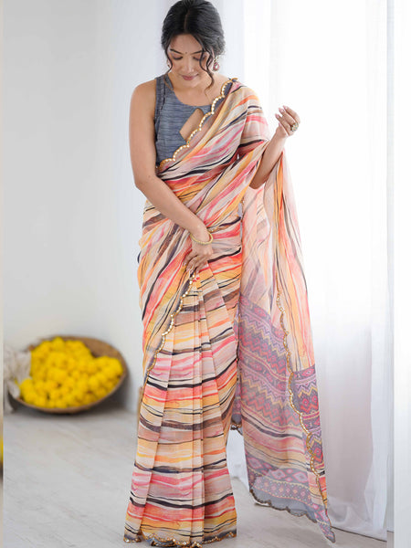 Peach Multi Color Georgette Abstract Printed Mirror Work Border Designer Saree