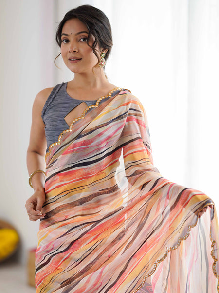 Peach Multi Color Georgette Abstract Printed Mirror Work Border Designer Saree