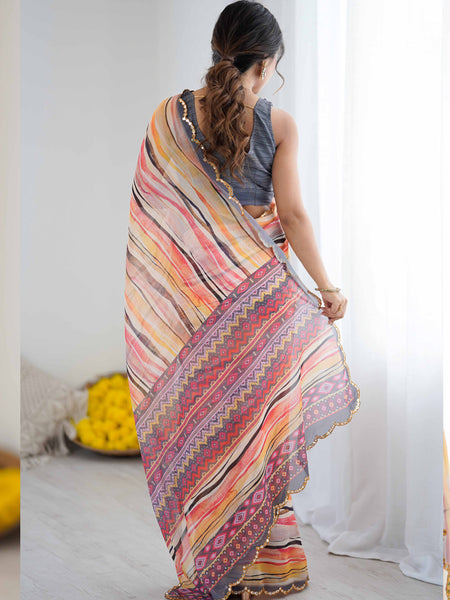 Peach Multi Color Georgette Abstract Printed Mirror Work Border Designer Saree
