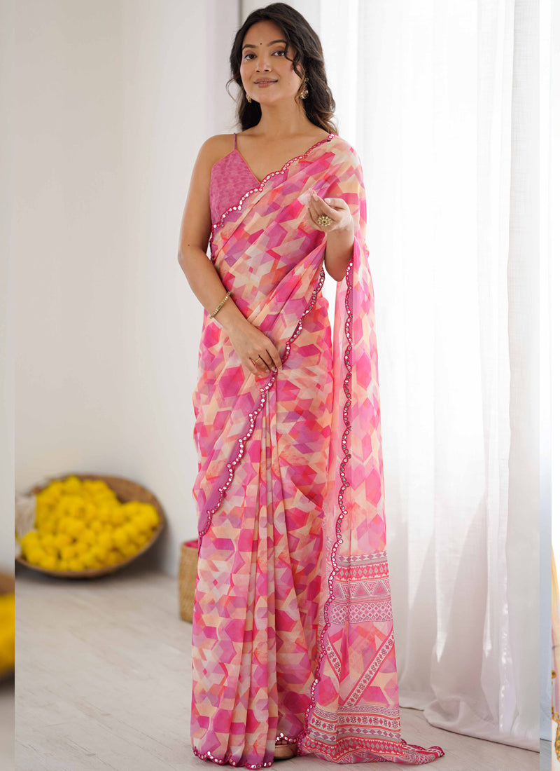 Pink Georgette Printed Mirror Work Border Designer Saree