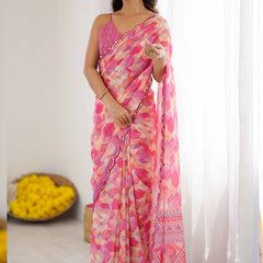 Pink Georgette Printed Mirror Work Border Designer Saree
