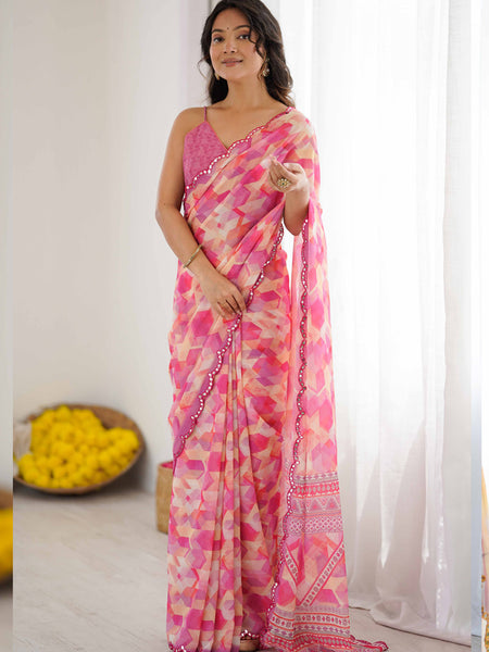 Pink Georgette Printed Mirror Work Border Designer Saree