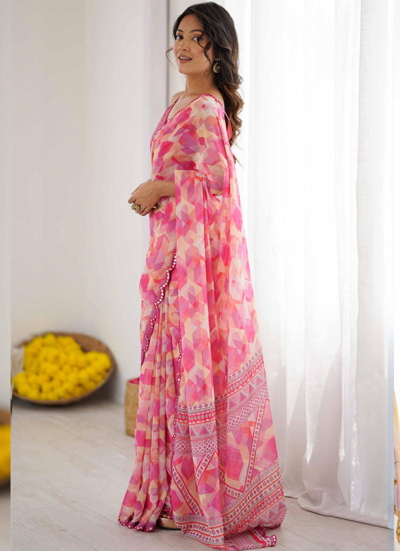Pink Georgette Printed Mirror Work Border Designer Saree