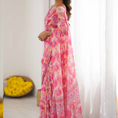 Pink Georgette Printed Mirror Work Border Designer Saree