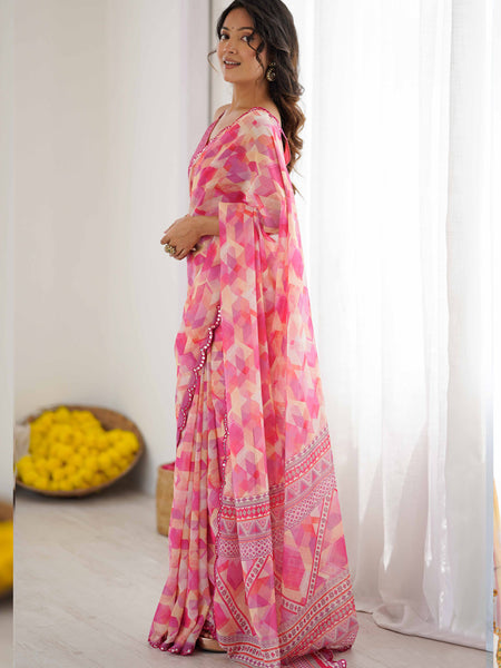 Pink Georgette Printed Mirror Work Border Designer Saree