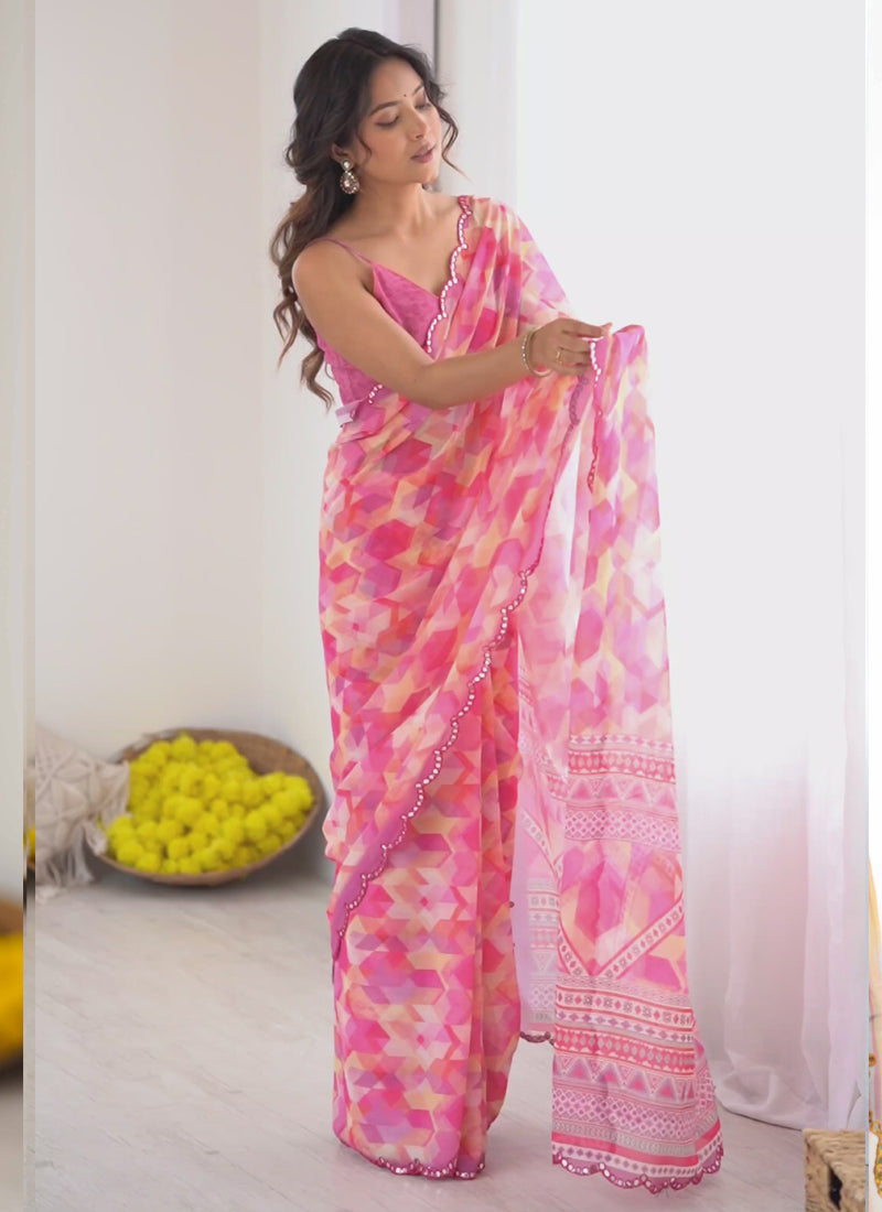 Pink Georgette Printed Mirror Work Border Designer Saree