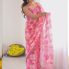 Pink Georgette Printed Mirror Work Border Designer Saree