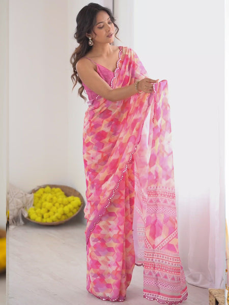 Pink Georgette Printed Mirror Work Border Designer Saree