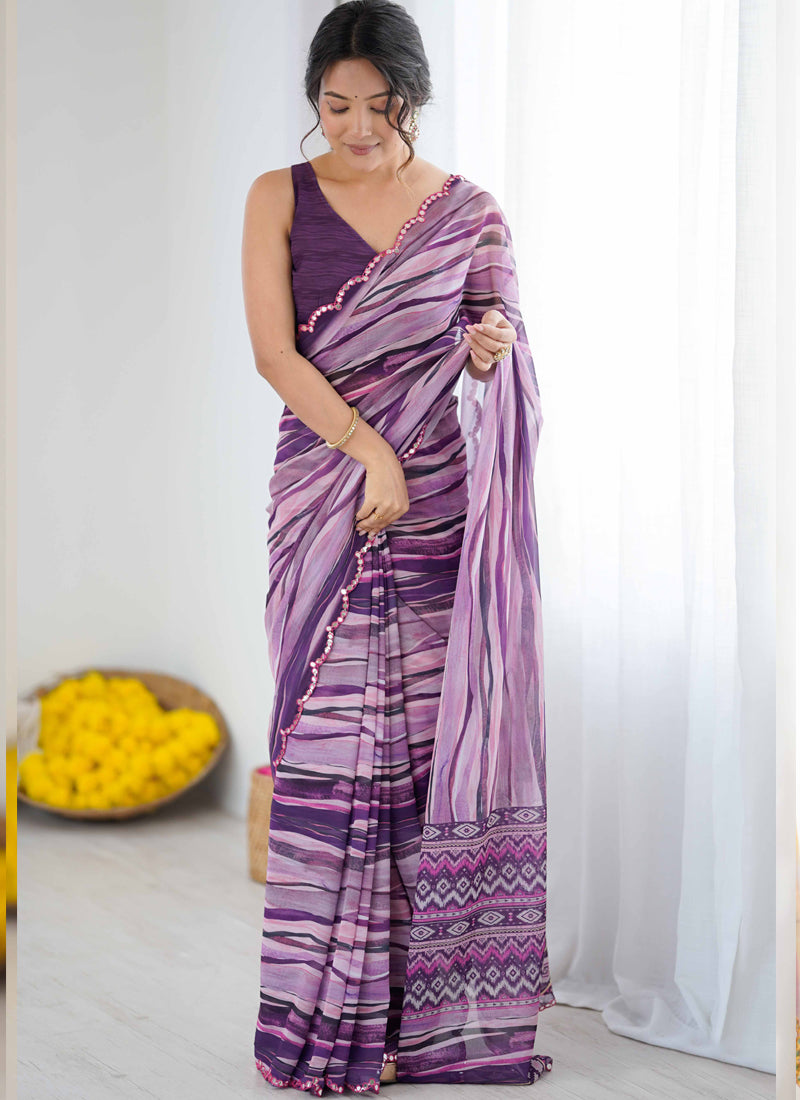 Purple Georgette Printed Mirror Work Border Designer Saree