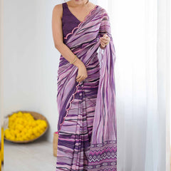 Purple Georgette Printed Mirror Work Border Designer Saree