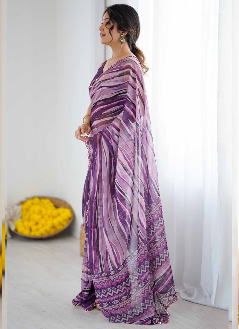 Purple Georgette Printed Mirror Work Border Designer Saree