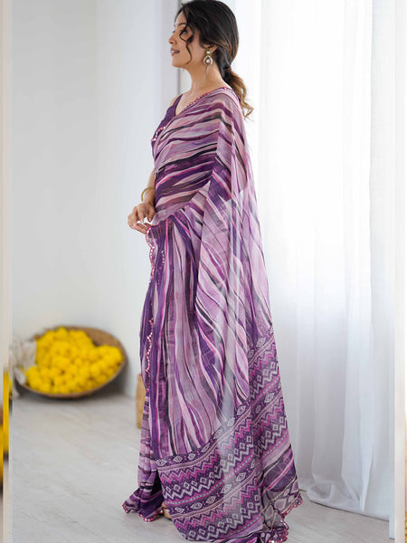 Purple Georgette Printed Mirror Work Border Designer Saree