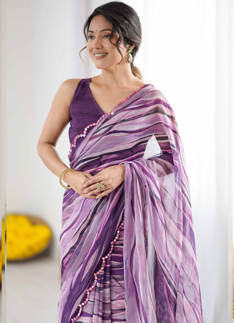 Purple Georgette Printed Mirror Work Border Designer Saree