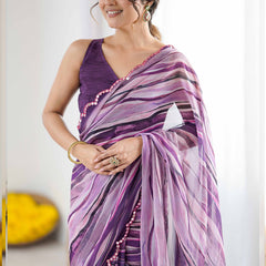 Purple Georgette Printed Mirror Work Border Designer Saree