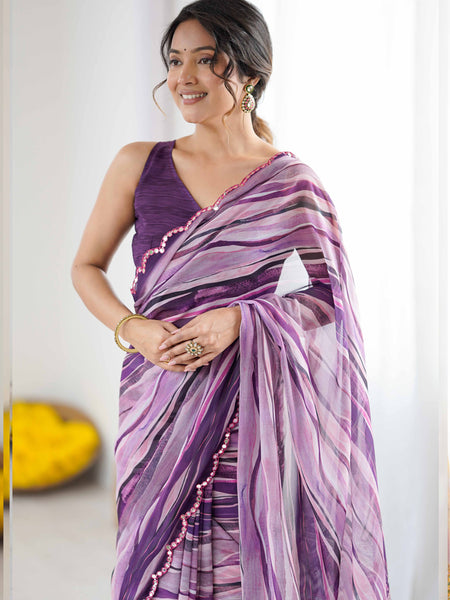 Purple Georgette Printed Mirror Work Border Designer Saree