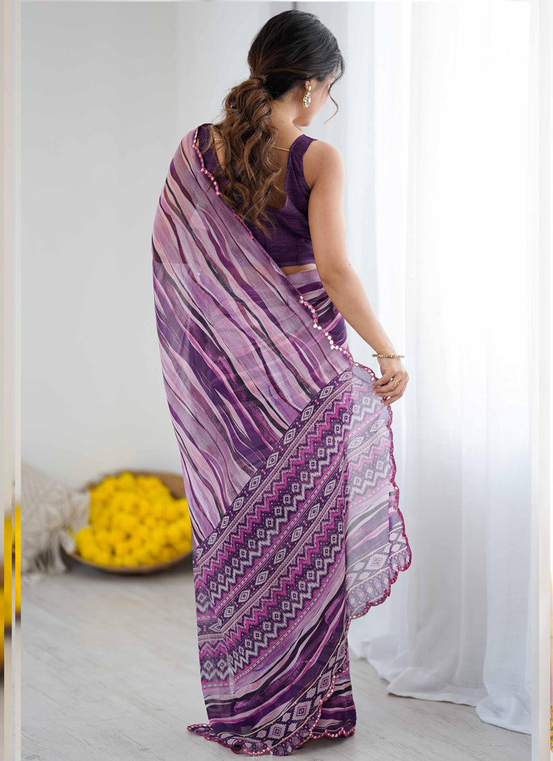 Purple Georgette Printed Mirror Work Border Designer Saree