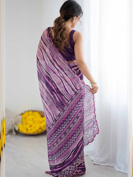 Purple Georgette Printed Mirror Work Border Designer Saree