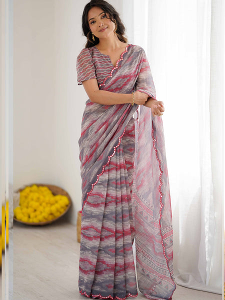 Multi Color Georgette Printed Mirror Work Border Designer Saree