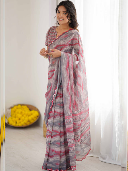 Multi Color Georgette Printed Mirror Work Border Designer Saree