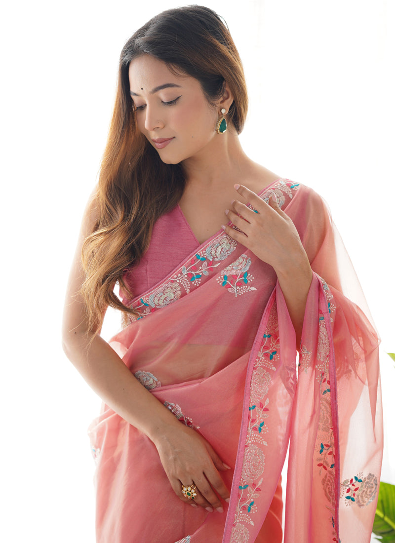 Peach Organza Thread Work Color Tone Fabric Party Wear Saree