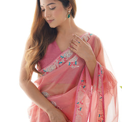 Peach Organza Thread Work Color Tone Fabric Party Wear Saree