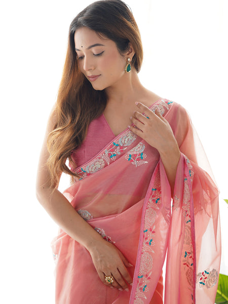 Peach Organza Thread Work Color Tone Fabric Party Wear Saree