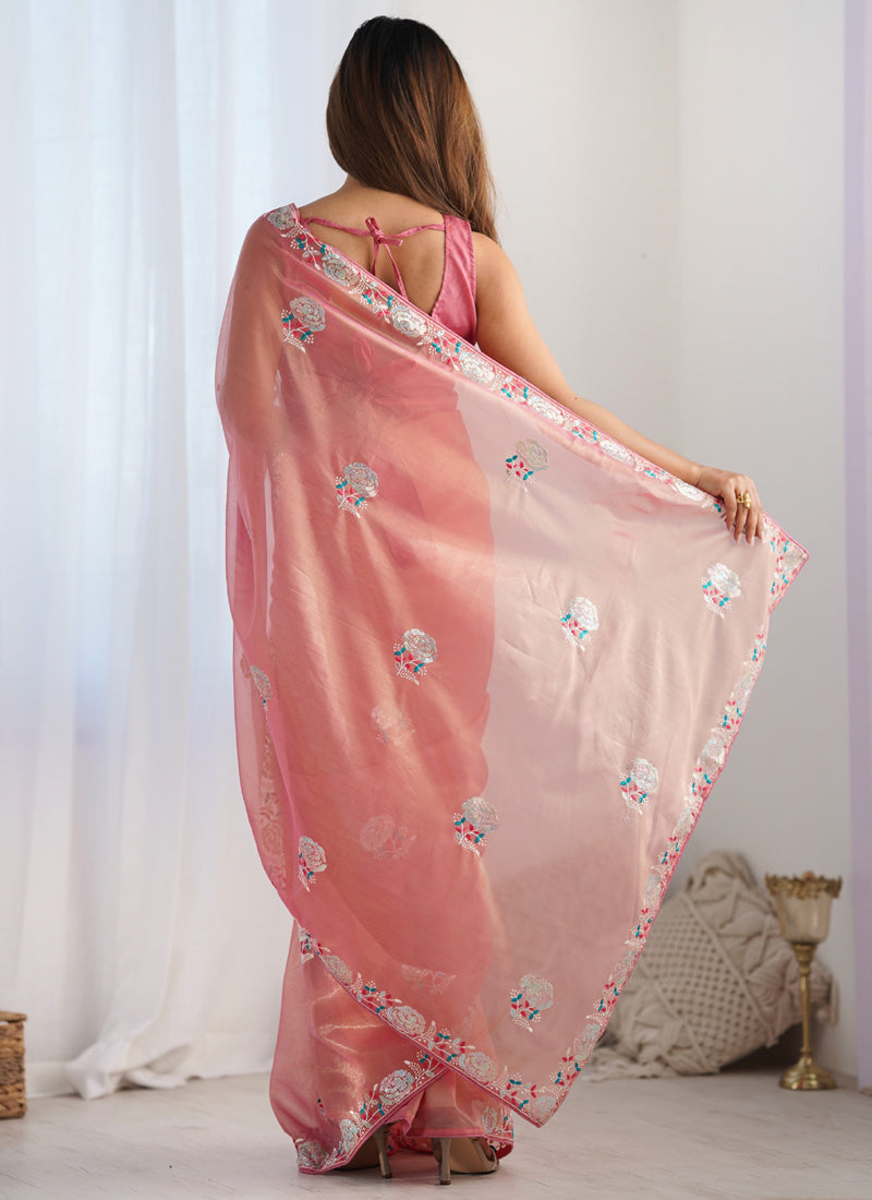 Peach Organza Thread Work Color Tone Fabric Party Wear Saree