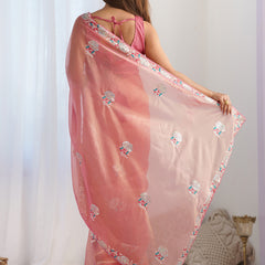 Peach Organza Thread Work Color Tone Fabric Party Wear Saree
