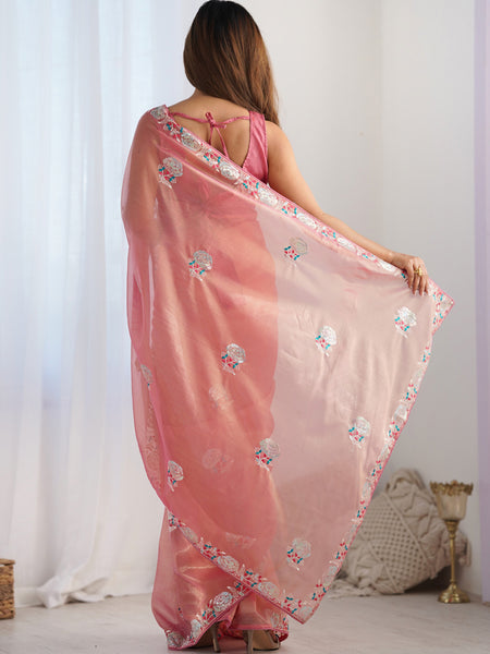 Peach Organza Thread Work Color Tone Fabric Party Wear Saree