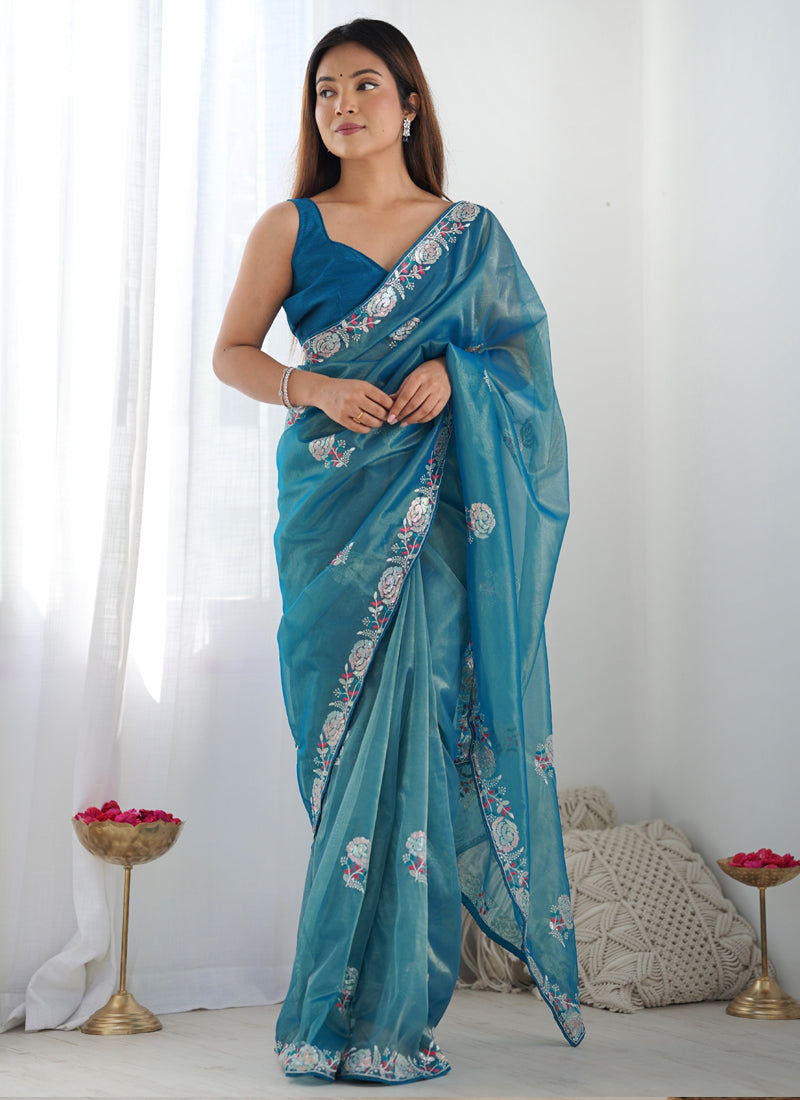 Rama Organza Thread Work Color Tone Fabric Party Wear Saree