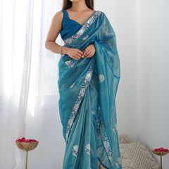 Rama Organza Thread Work Color Tone Fabric Party Wear Saree