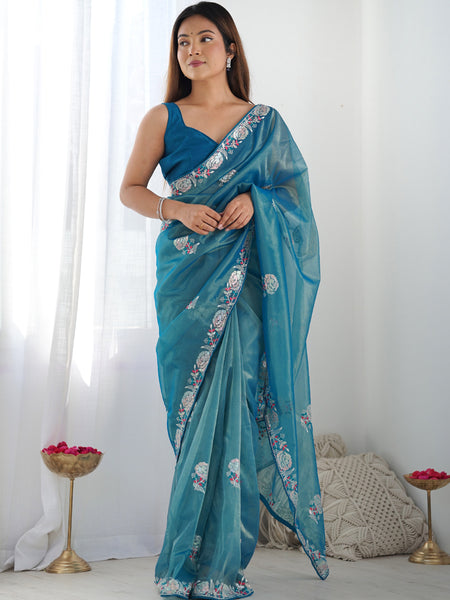 Rama Organza Thread Work Color Tone Fabric Party Wear Saree