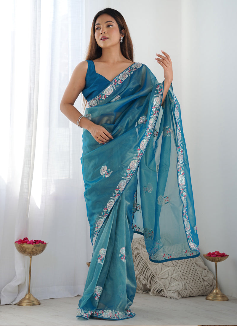 Rama Organza Thread Work Color Tone Fabric Party Wear Saree