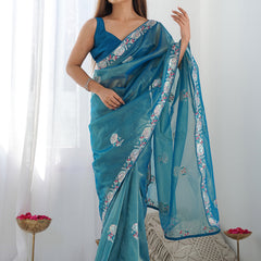 Rama Organza Thread Work Color Tone Fabric Party Wear Saree