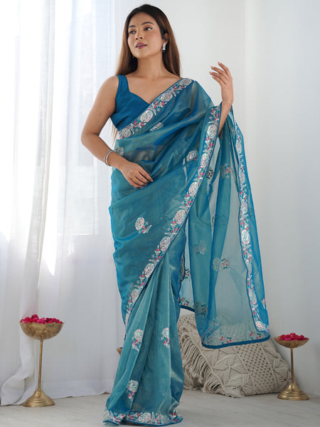 Rama Organza Thread Work Color Tone Fabric Party Wear Saree
