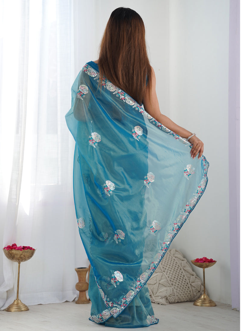Rama Organza Thread Work Color Tone Fabric Party Wear Saree