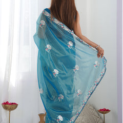 Rama Organza Thread Work Color Tone Fabric Party Wear Saree