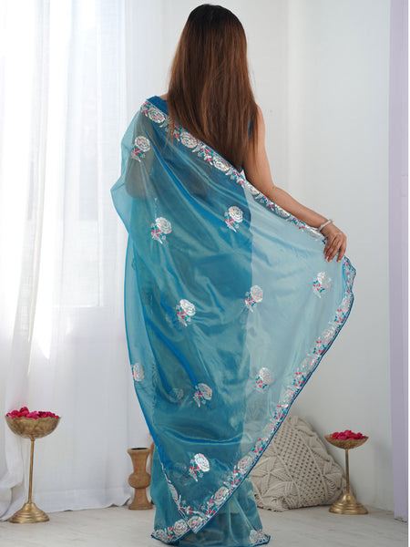 Rama Organza Thread Work Color Tone Fabric Party Wear Saree