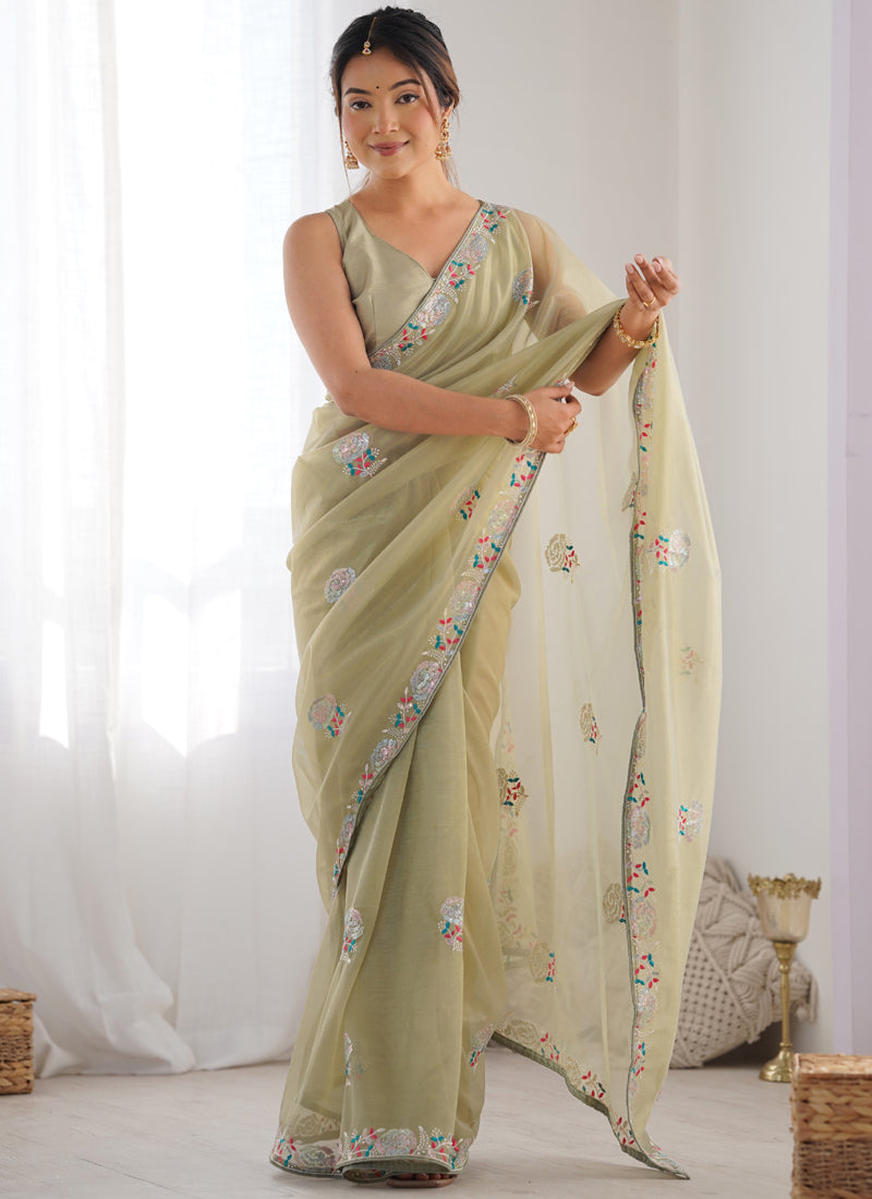 Olive Green Organza Thread Work Color Tone Fabric Party Wear Saree