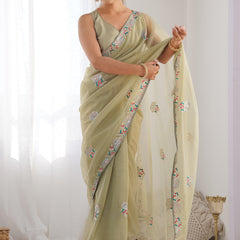 Olive Green Organza Thread Work Color Tone Fabric Party Wear Saree