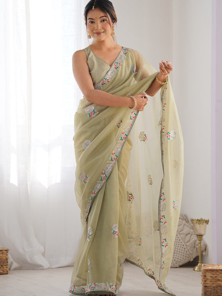 Olive Green Organza Thread Work Color Tone Fabric Party Wear Saree