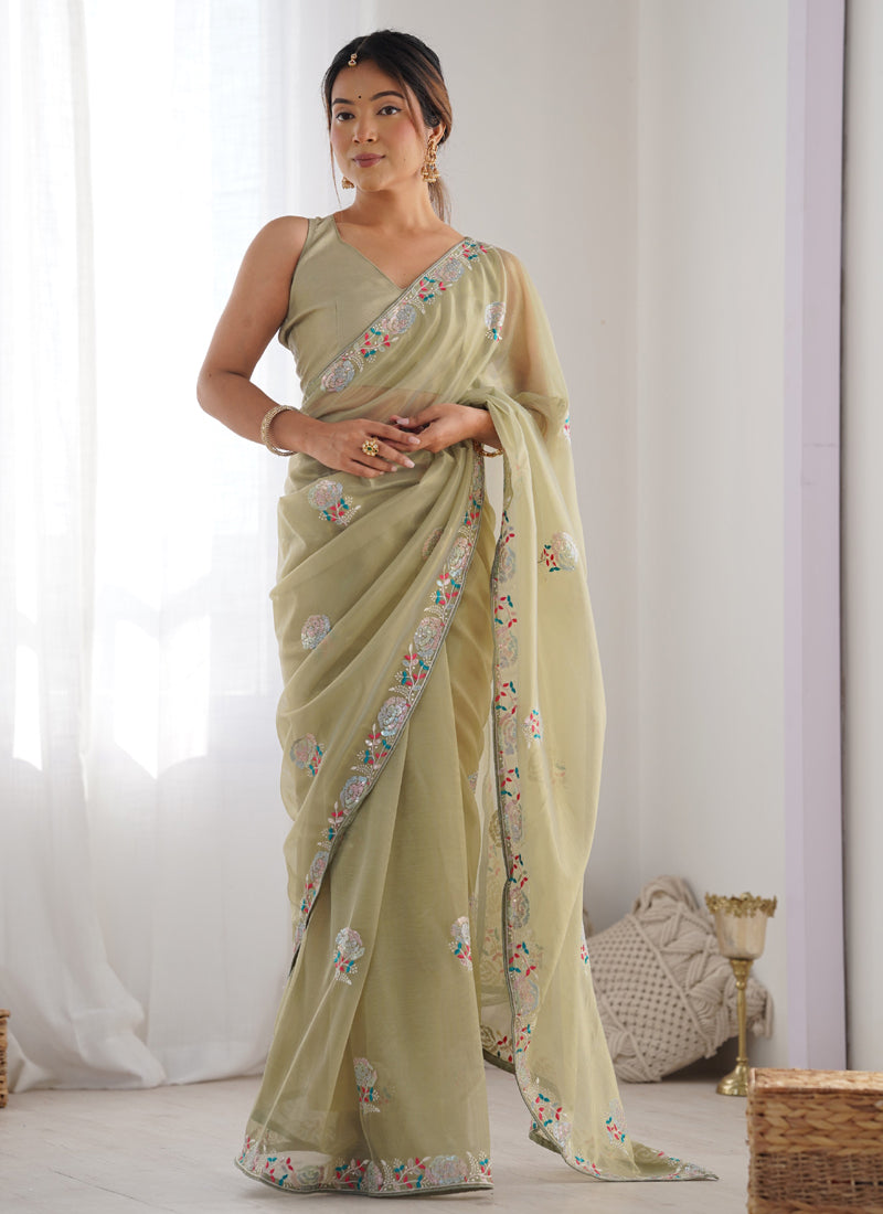 Olive Green Organza Thread Work Color Tone Fabric Party Wear Saree