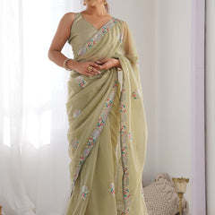 Olive Green Organza Thread Work Color Tone Fabric Party Wear Saree
