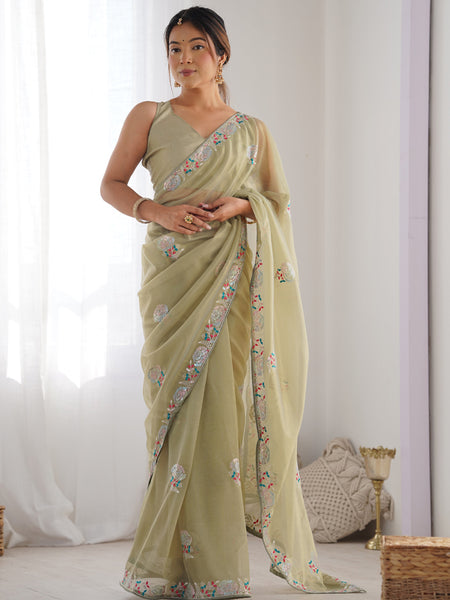 Olive Green Organza Thread Work Color Tone Fabric Party Wear Saree