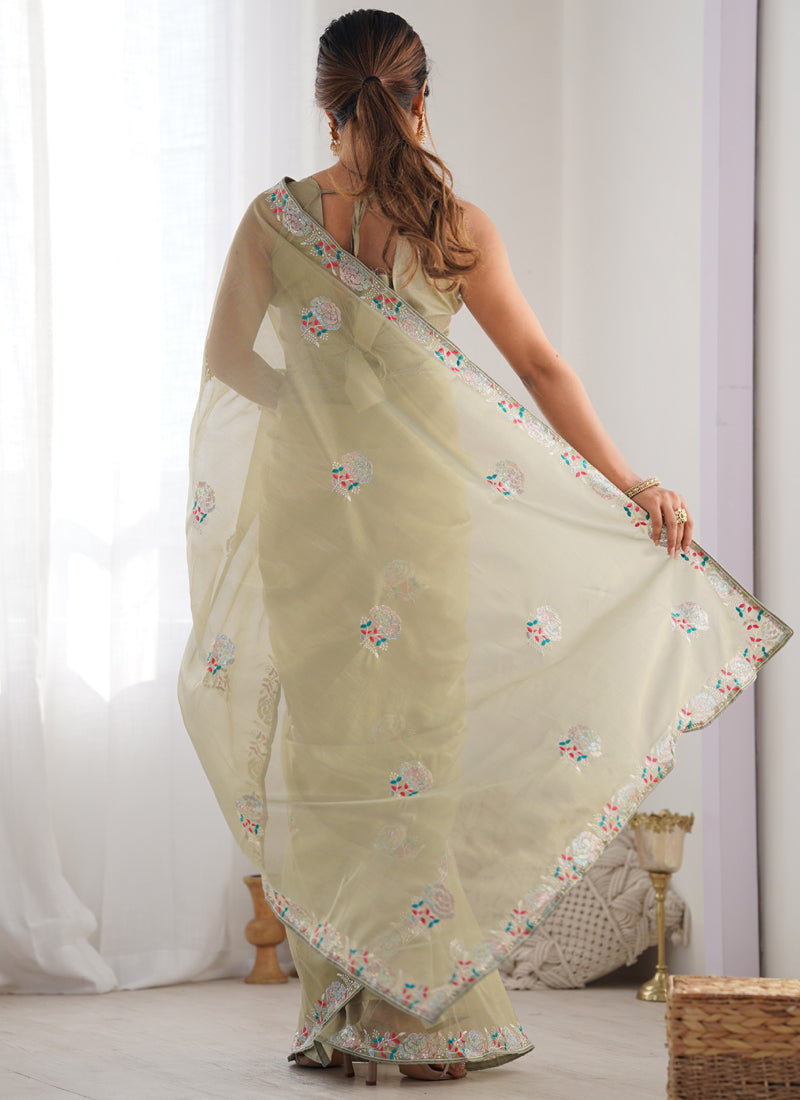 Olive Green Organza Thread Work Color Tone Fabric Party Wear Saree