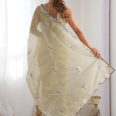 Olive Green Organza Thread Work Color Tone Fabric Party Wear Saree
