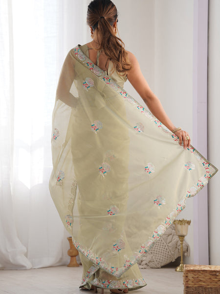 Olive Green Organza Thread Work Color Tone Fabric Party Wear Saree