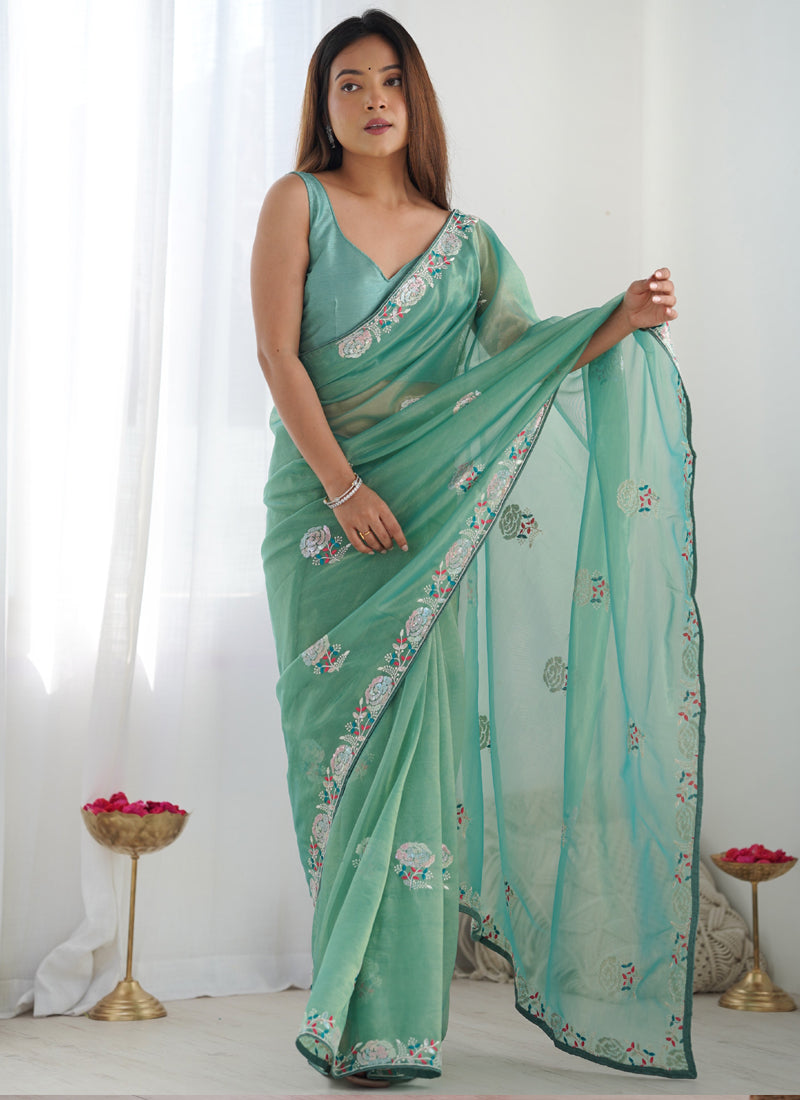 Turquoise Organza Thread Work Color Tone Fabric Party Wear Saree